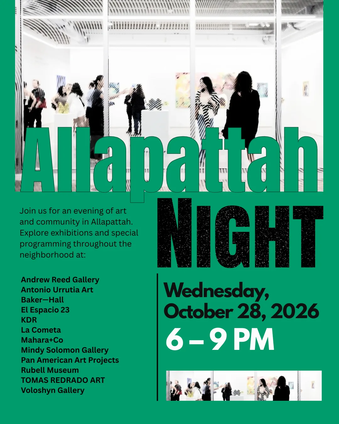 Green Allapattah Night poster listing 12 participating venues, Wednesday, October 28, 2026, 6 to 9 p.m.