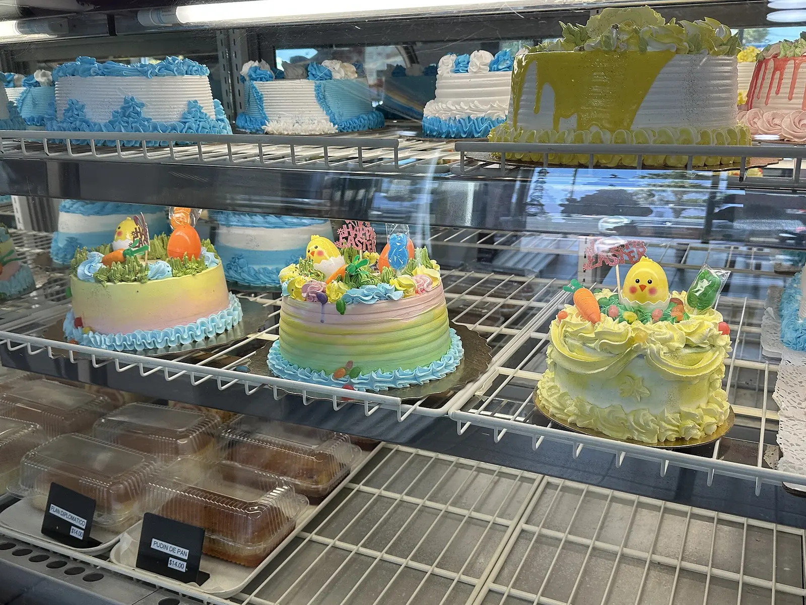 Easter cakes in the window of a bakery in Miami.