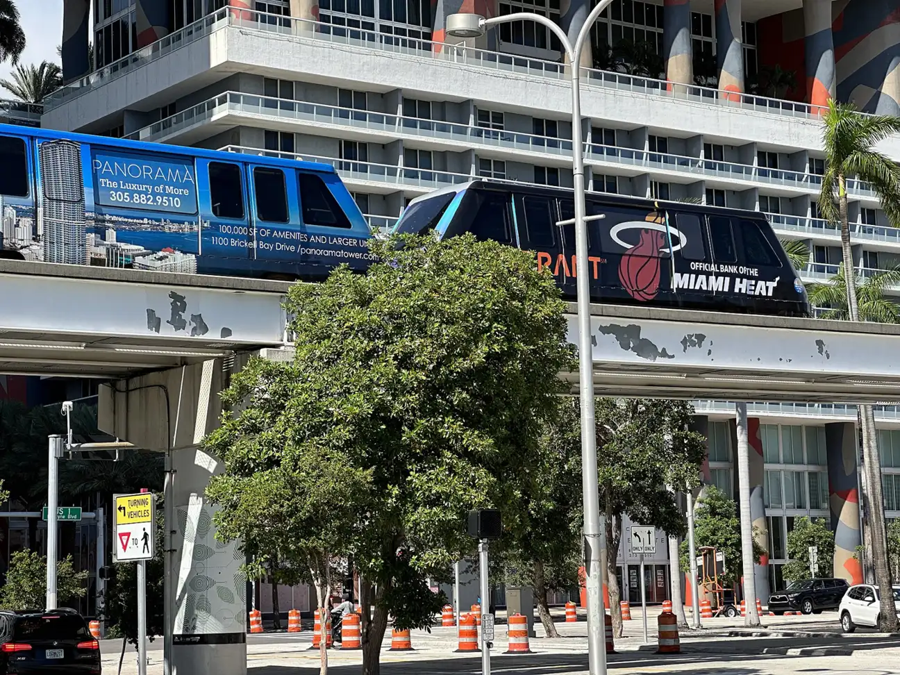A Metromover car on its elevated track in downtown Miami.