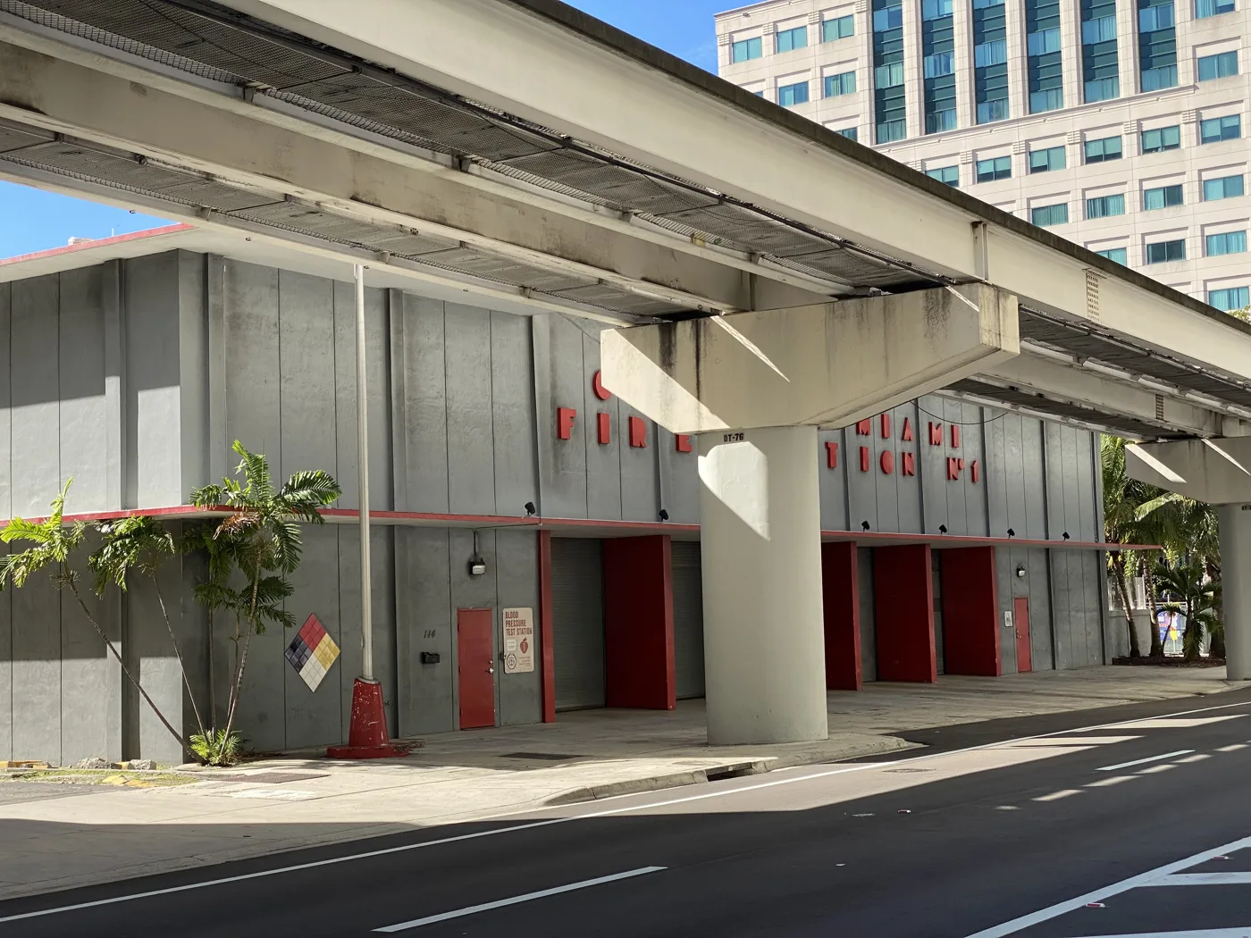 Miami Fire-Rescue's downtown Fire Station No. 1, under the Metromover tracks.