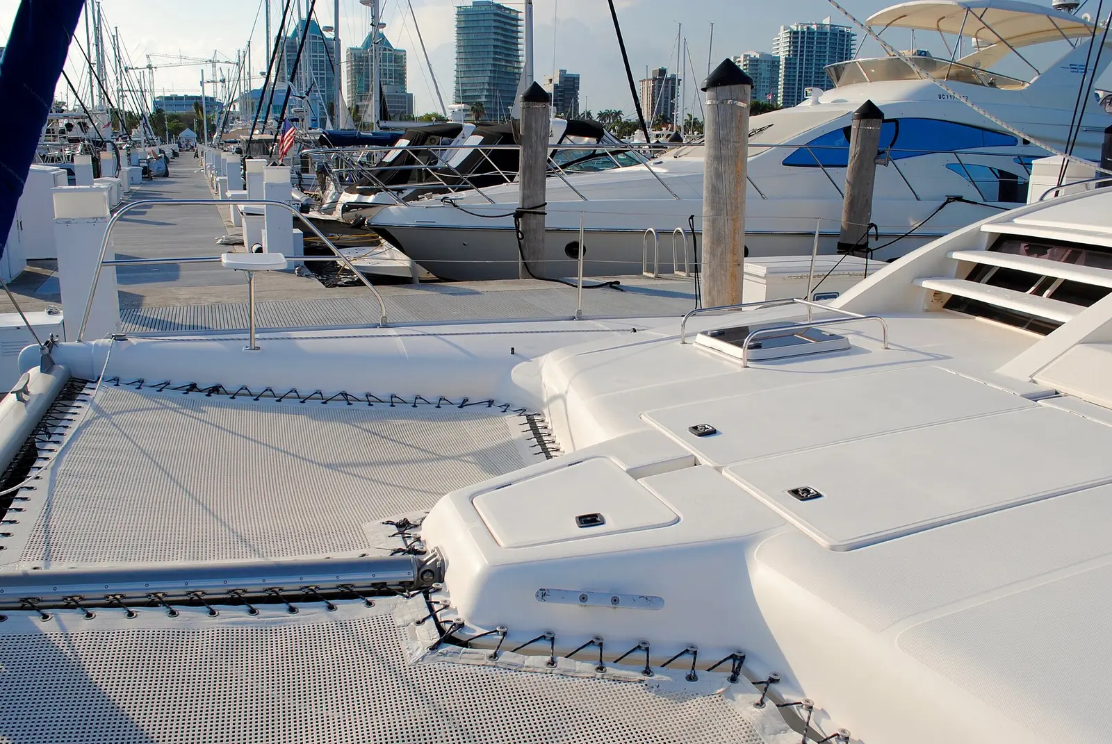 Boats at Dinner Key Marina in Coconut Grove, looking west from the docks.