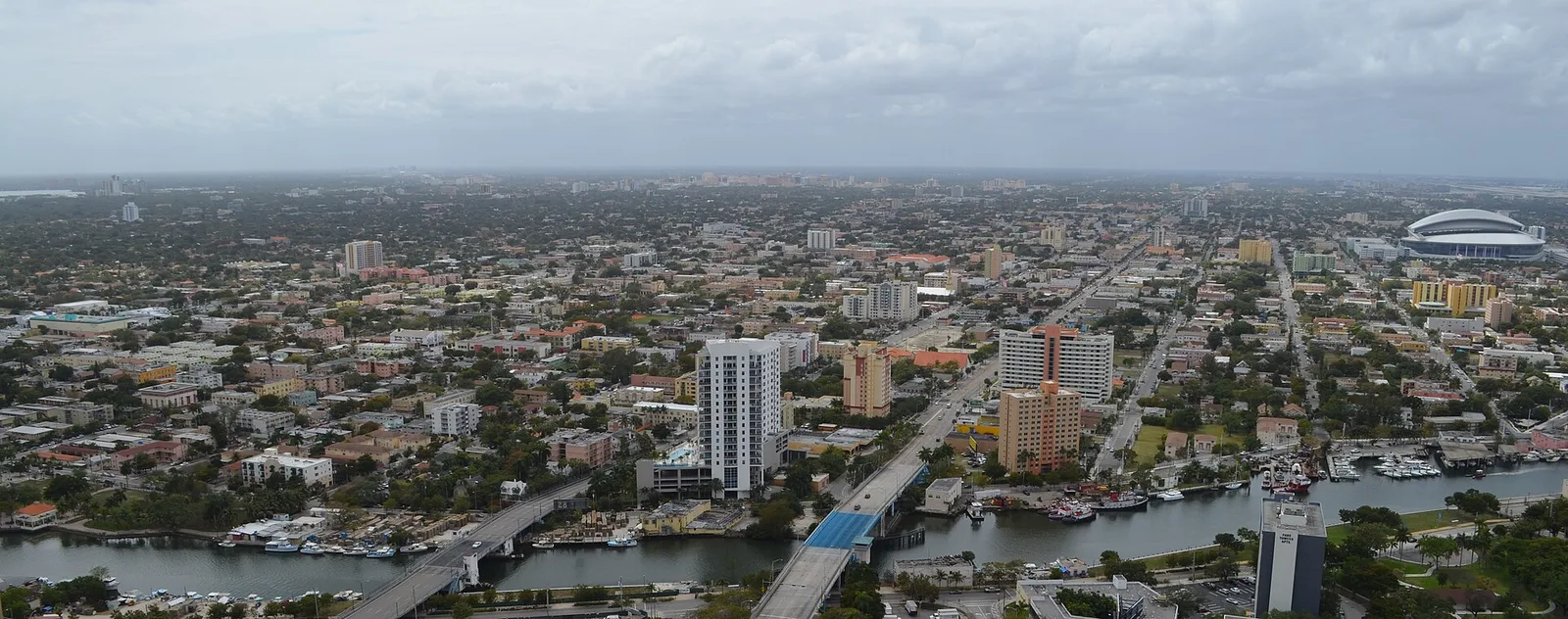 Little Havana from the air, with the Miami Marlins' ballpark at right and Coral Gables on the horizon.