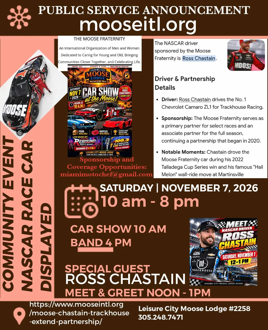 The Leisure City Moose Lodge flyer for its Nov. 7 car show with NASCAR driver Ross Chastain.