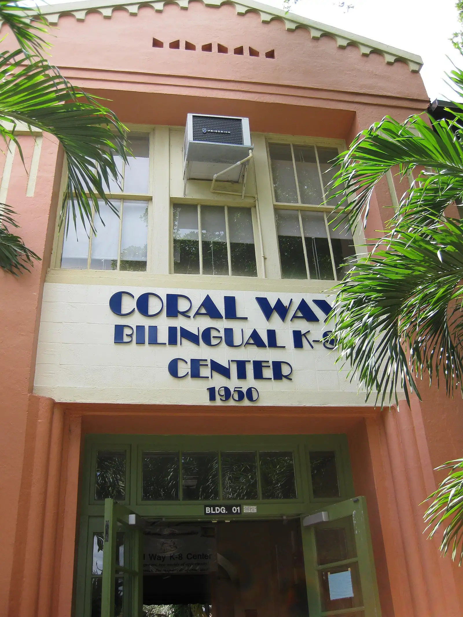 The entrance to Coral Way Bilingual K-8 Center, dated 1950, on SW 13th Avenue.