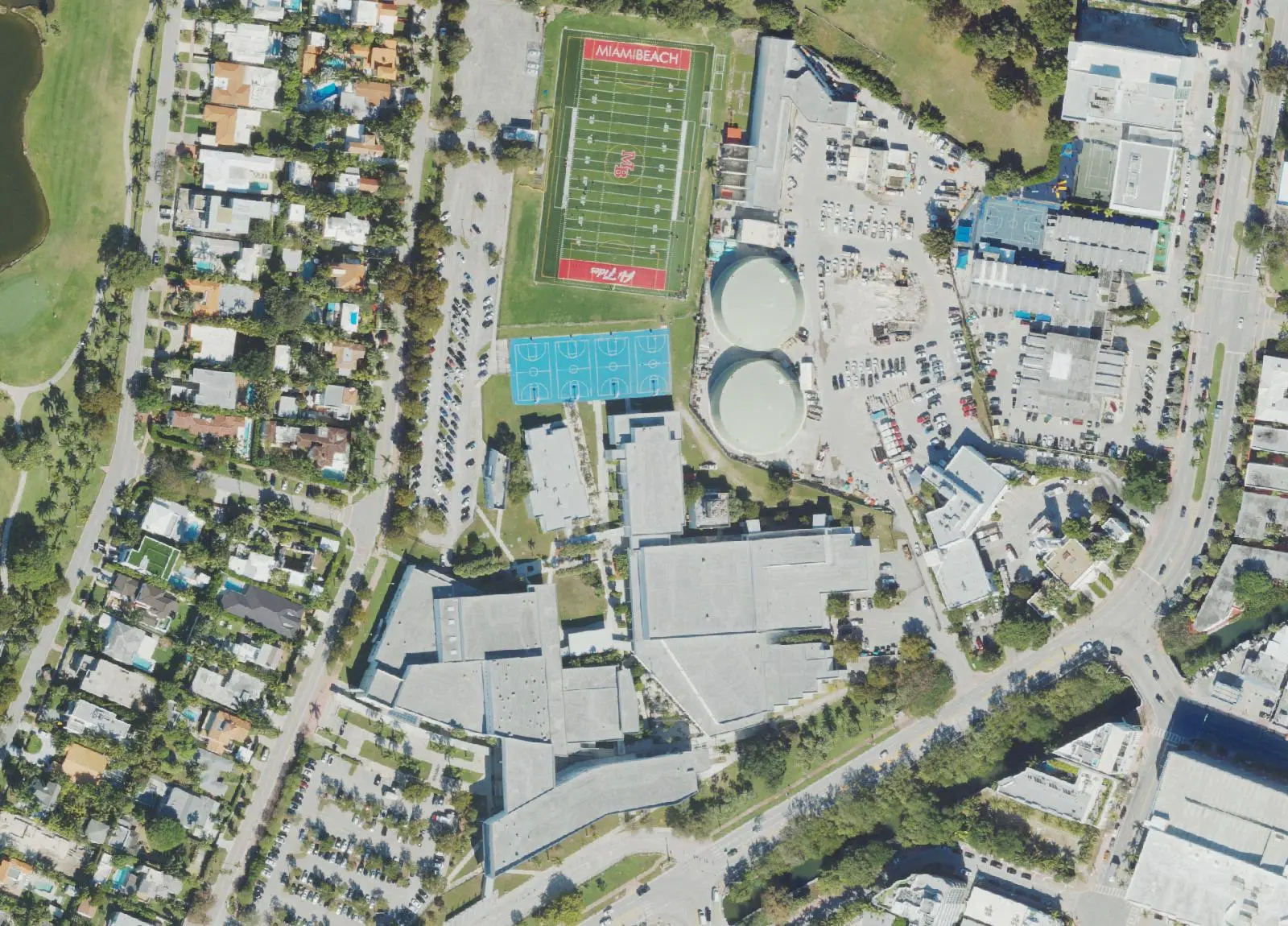 An aerial view of the Miami Beach Senior High School campus and football field off Prairie Avenue.