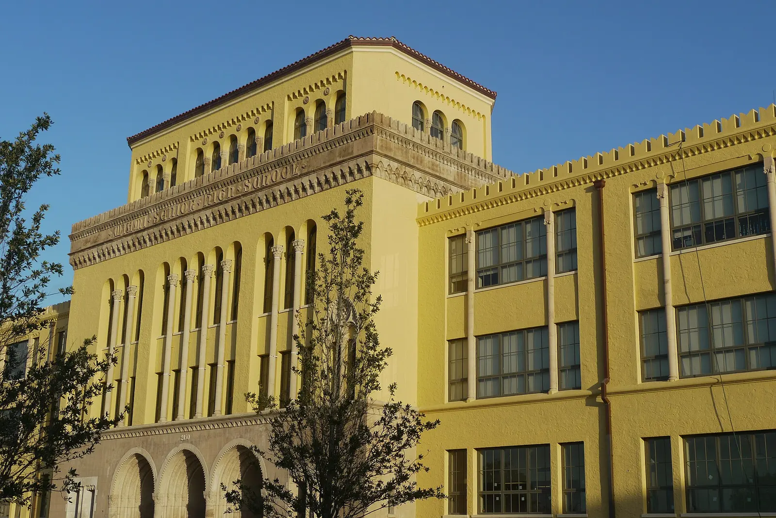 The front entrance of Miami Senior High School on SW First Street during its restoration.