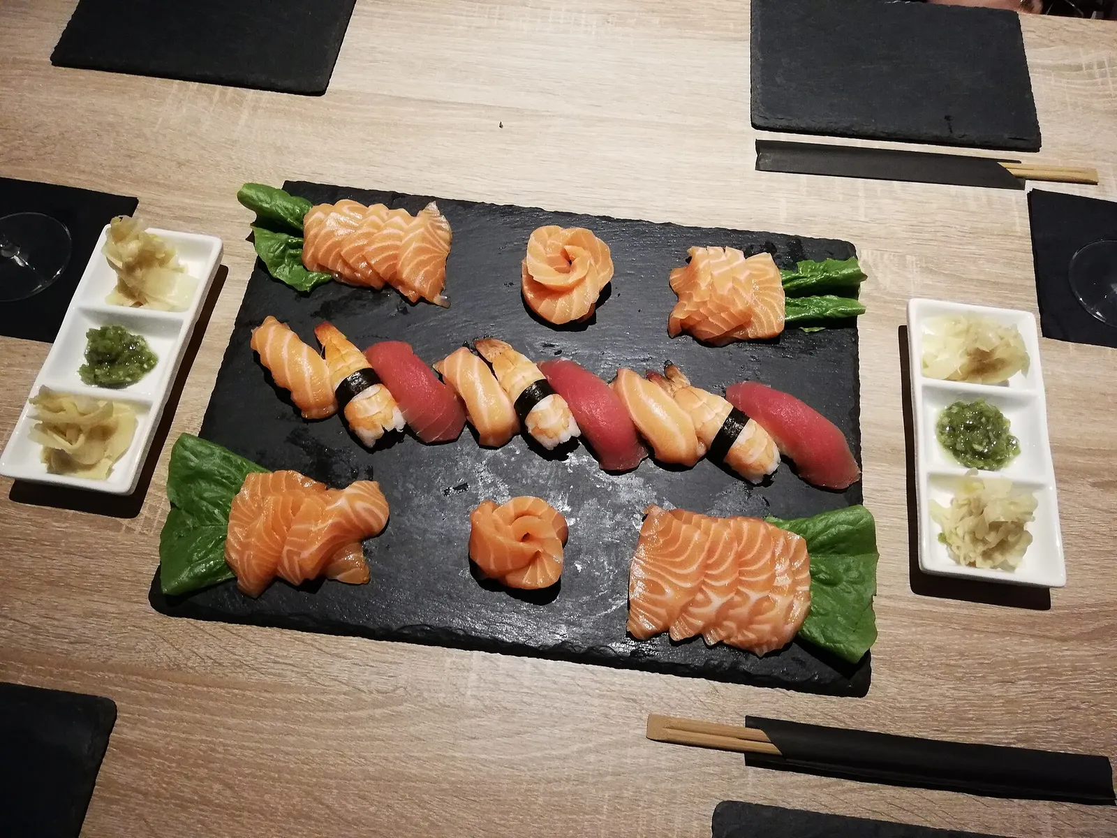 A plate of nigiri and sashimi. The photo was not taken at a Miami restaurant.