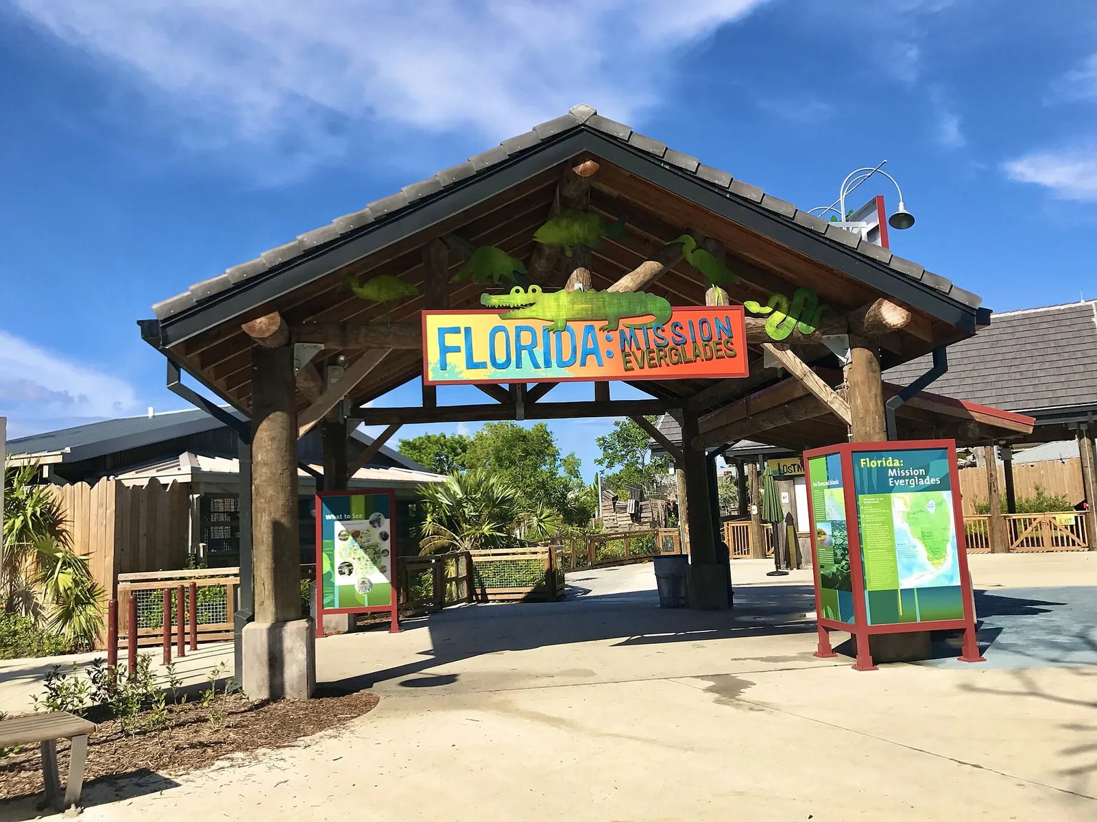 The entrance to the Florida: Mission Everglades exhibit at Zoo Miami, one of the areas the zoo says Zoo Lights visitors may still see animals after dark.